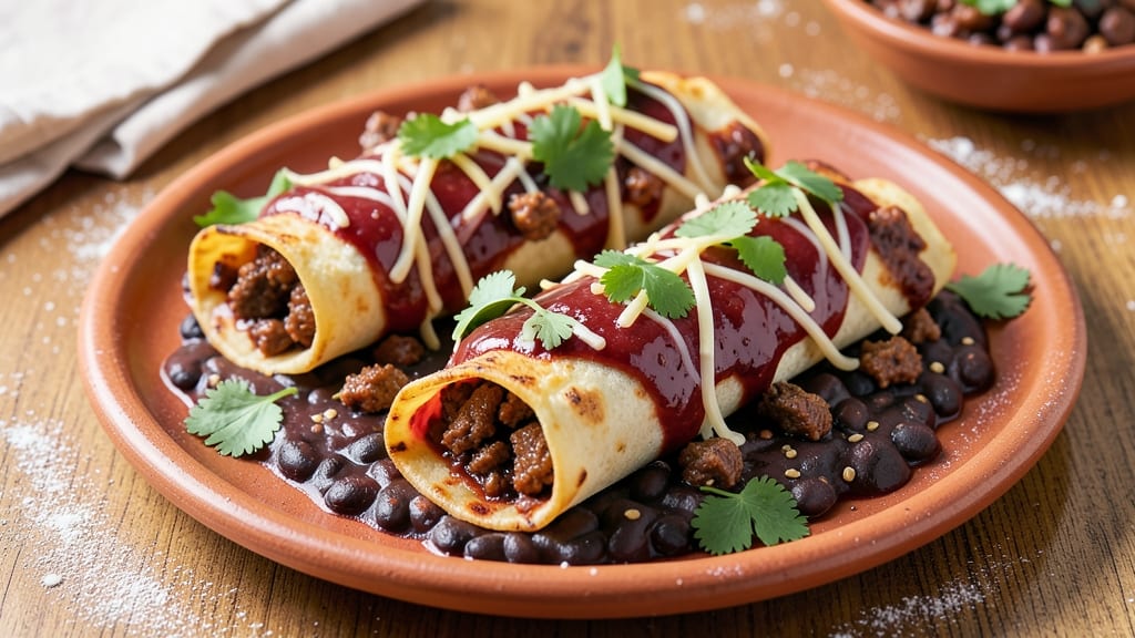 Beef and Black Bean Enchiladas Recipe: Smoky Tortilla Layers With Cheese Rivers