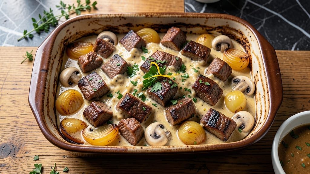 Beef and Onion Casserole Recipe: Creamy Mushroom Gravy Over Tender Beef