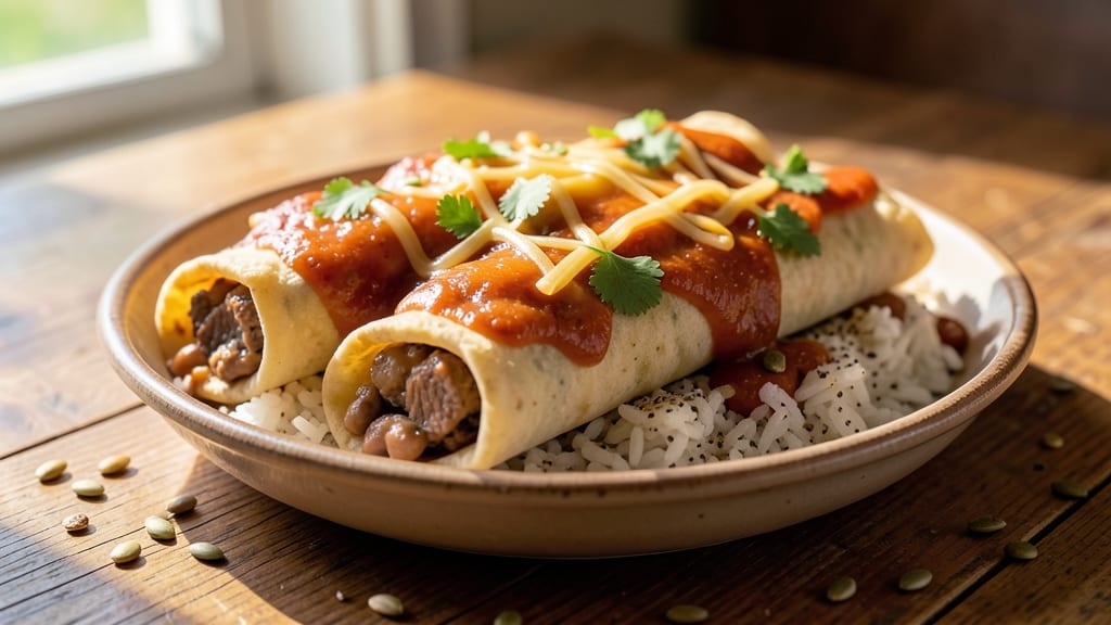 Beef, Bean, and Rice Enchiladas Recipe: Crispy Tortilla Layers with Melted Cheese Rivers