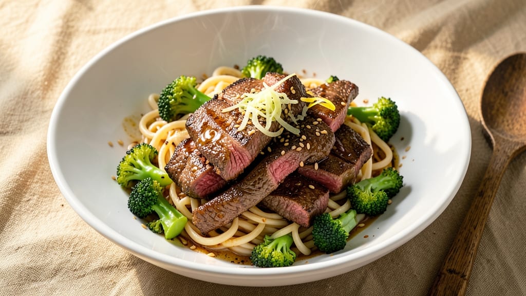 Beef and Broccoli Over Noodles Recipe: Wok-Seared Beef with Silky Soy-Ginger Noodles