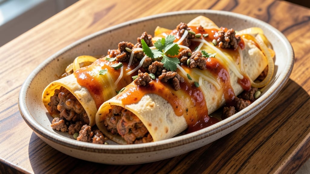 Beef and Refried Bean Enchiladas Recipe: Cheesy Tortilla Layers With Smoky Beef Filling