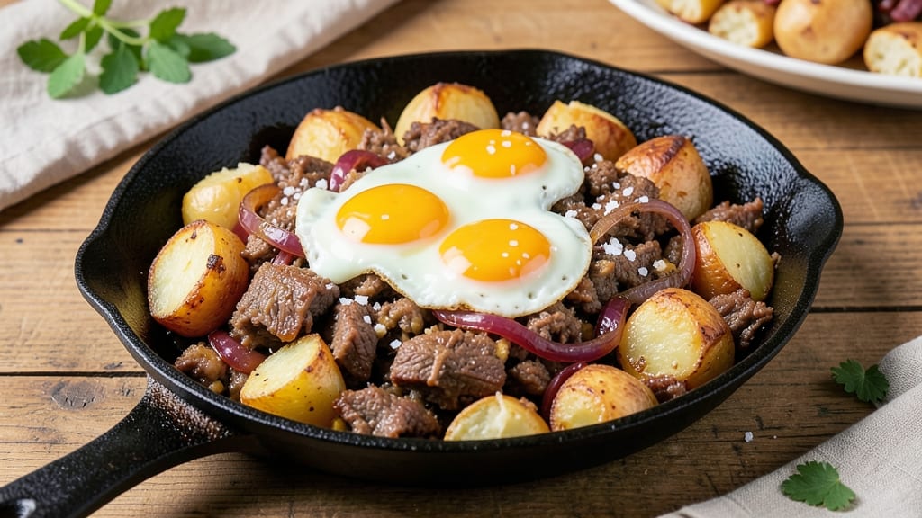 Baked Corned Beef Hash and Eggs Recipe: Crispy Potato Layers With Runny Yolks