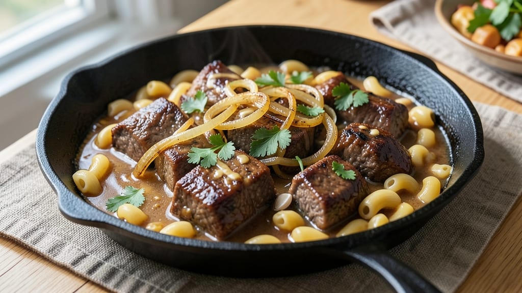 Beef and Macaroni Skillet Recipe: One-Pan Cheesy Crust With Caramelized Beef Bites