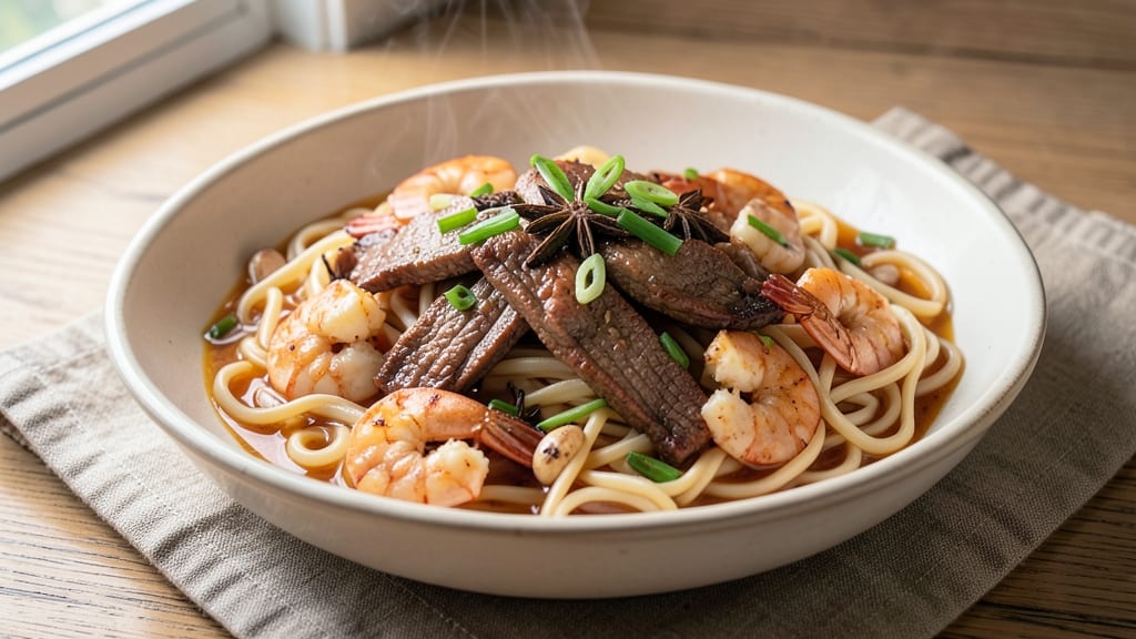 Beef and Shrimp Lo Mein Recipe: Sizzling Wok Crisp Noodles with Star Anise Broth