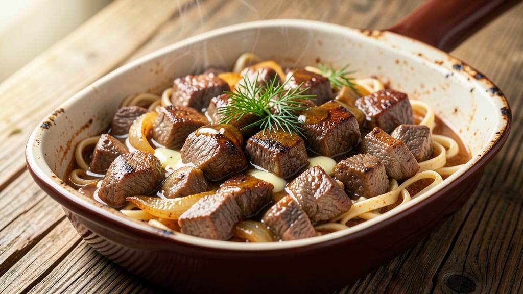 Authentic German Beef Stroganoff Recipe: Sour Cream Velouté Over Egg Noodles