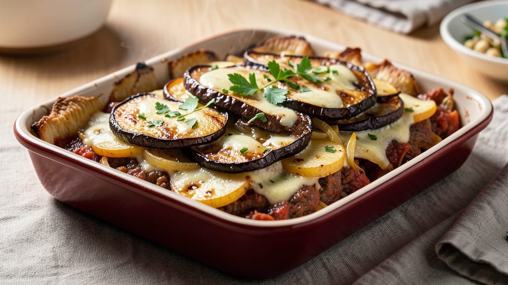 Beef and Potato Moussaka Recipe: Layered Eggplant, Spiced Meat, and Béchamel Bliss