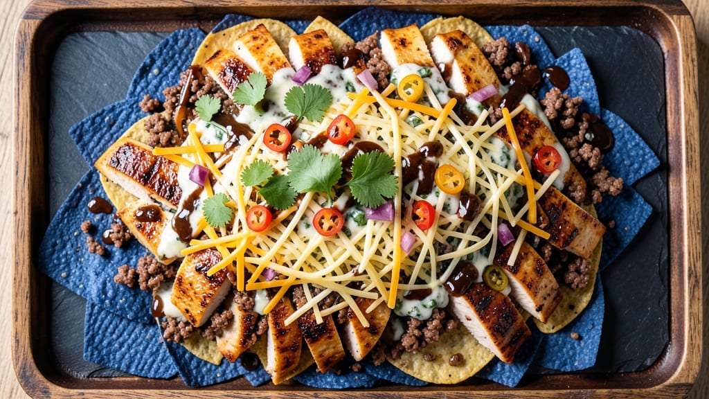 Beef and Chicken Nachos Recipe: Loaded Fiesta Stacks With Three Cheese Rivers