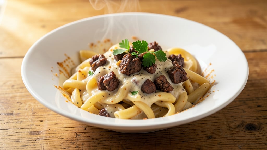 Beef and Rotini in Garlic Parmesan Sauce Recipe: One-Pan Cheesy Pasta Magic