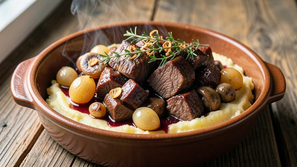 Barefoot in Paris Beef Bourguignon Recipe: Deep Wine-Braised Tender Meat and Pearl Onions