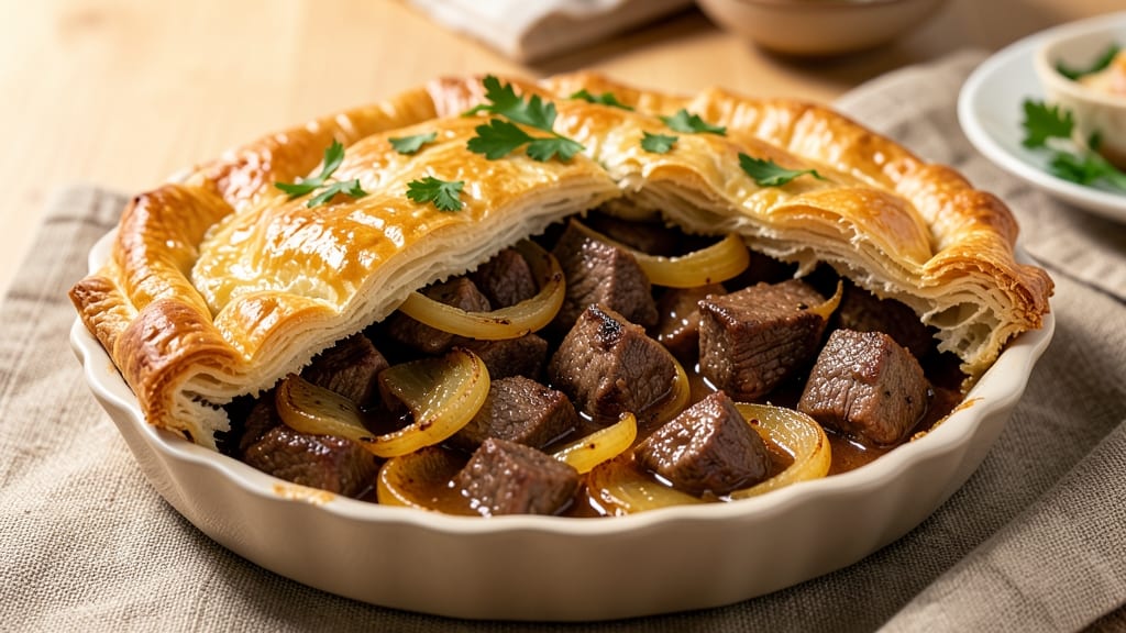 Beef and Onion Pie Recipe UK: Flaky Pastry Crust With Savory Meat Filling