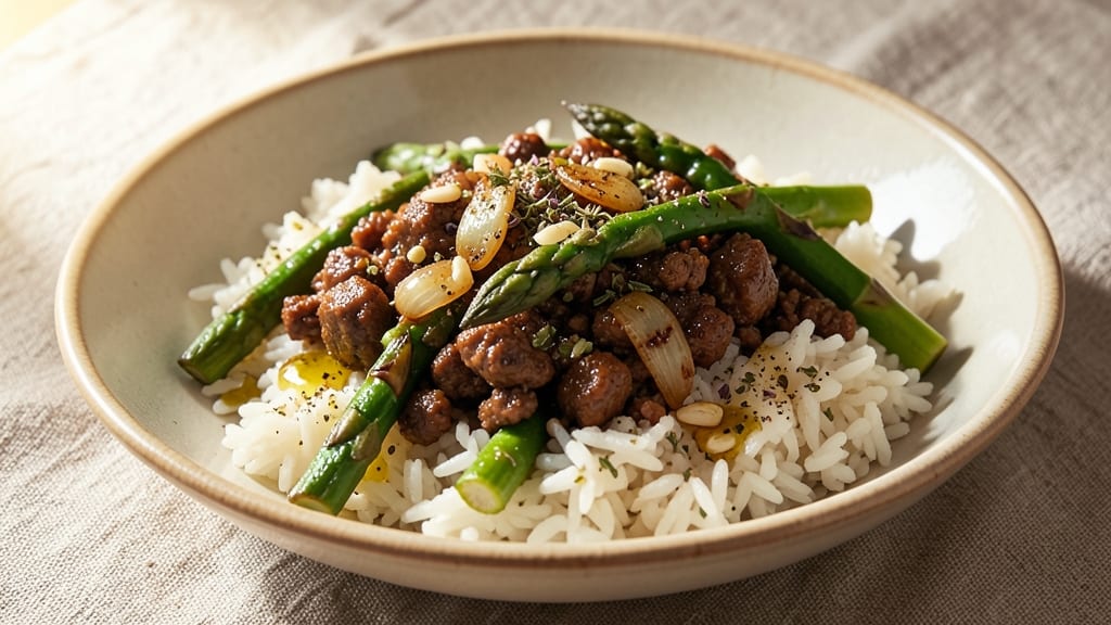 Asparagus Ground Beef and Rice Recipe: One-Pan Herb-Infused Harmony