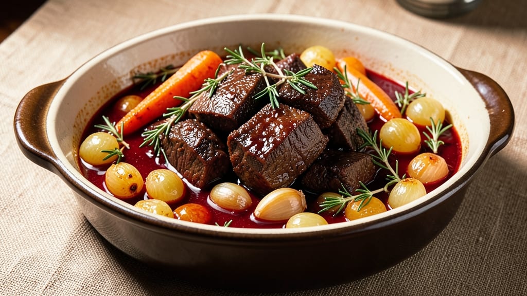 Auguste Escoffier's Beef Bourguignon Recipe: Classic French Fond and Pearl Onions