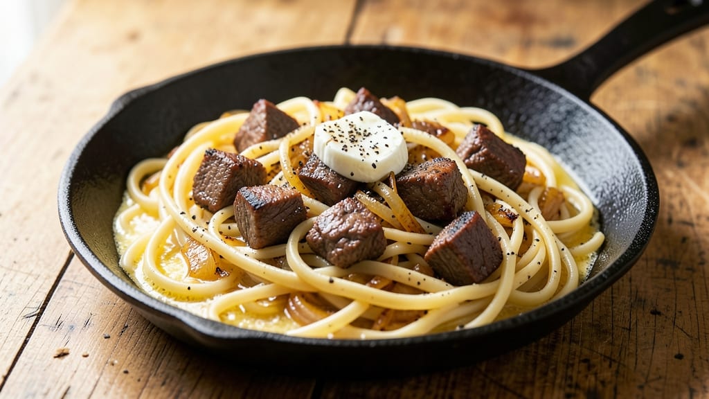 Beef and Homemade Egg Noodles Recipe: Savory Pan Sauce with Al Dente Noodles